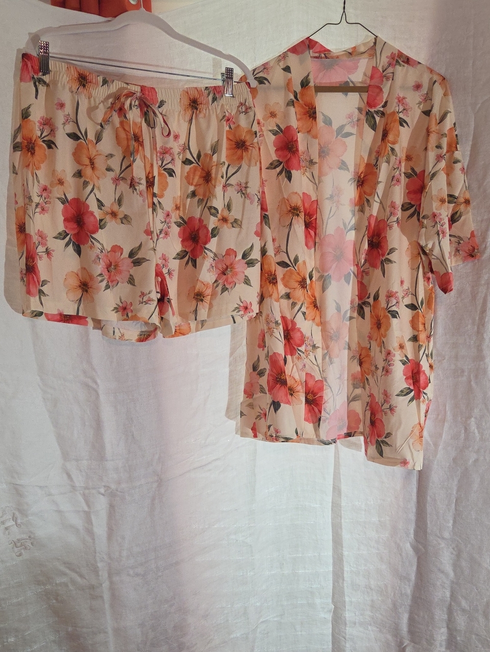 Floral Satin Kimono Robe and Shorts Set - Cream with Coral & Orange Blooms